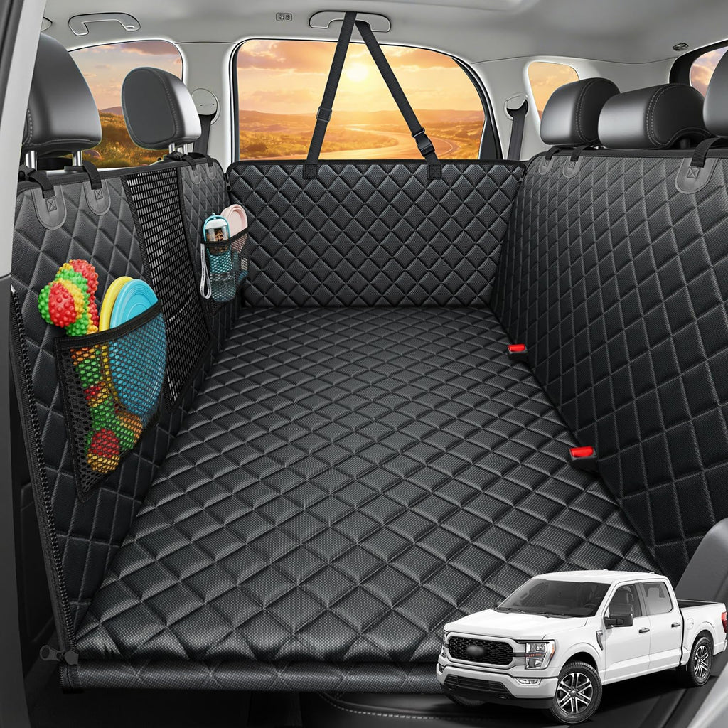 Black hard bottom dog back seat extender in a crew cab truck