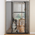 Black extra tall iron pet gate in a hallway doorway