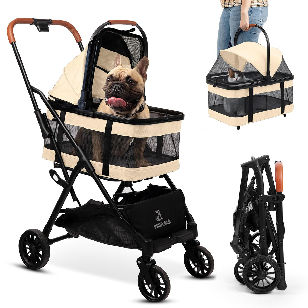 Bisque beige compact pet stroller with removable carrier