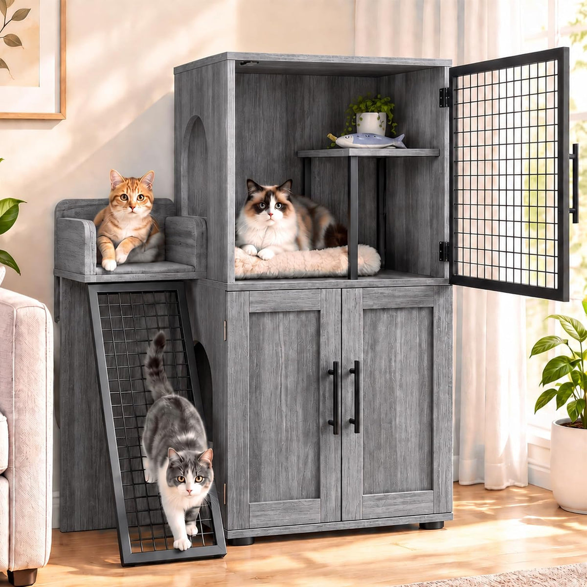 Double layer cat litter box enclosure cabinet with climbing ladder
