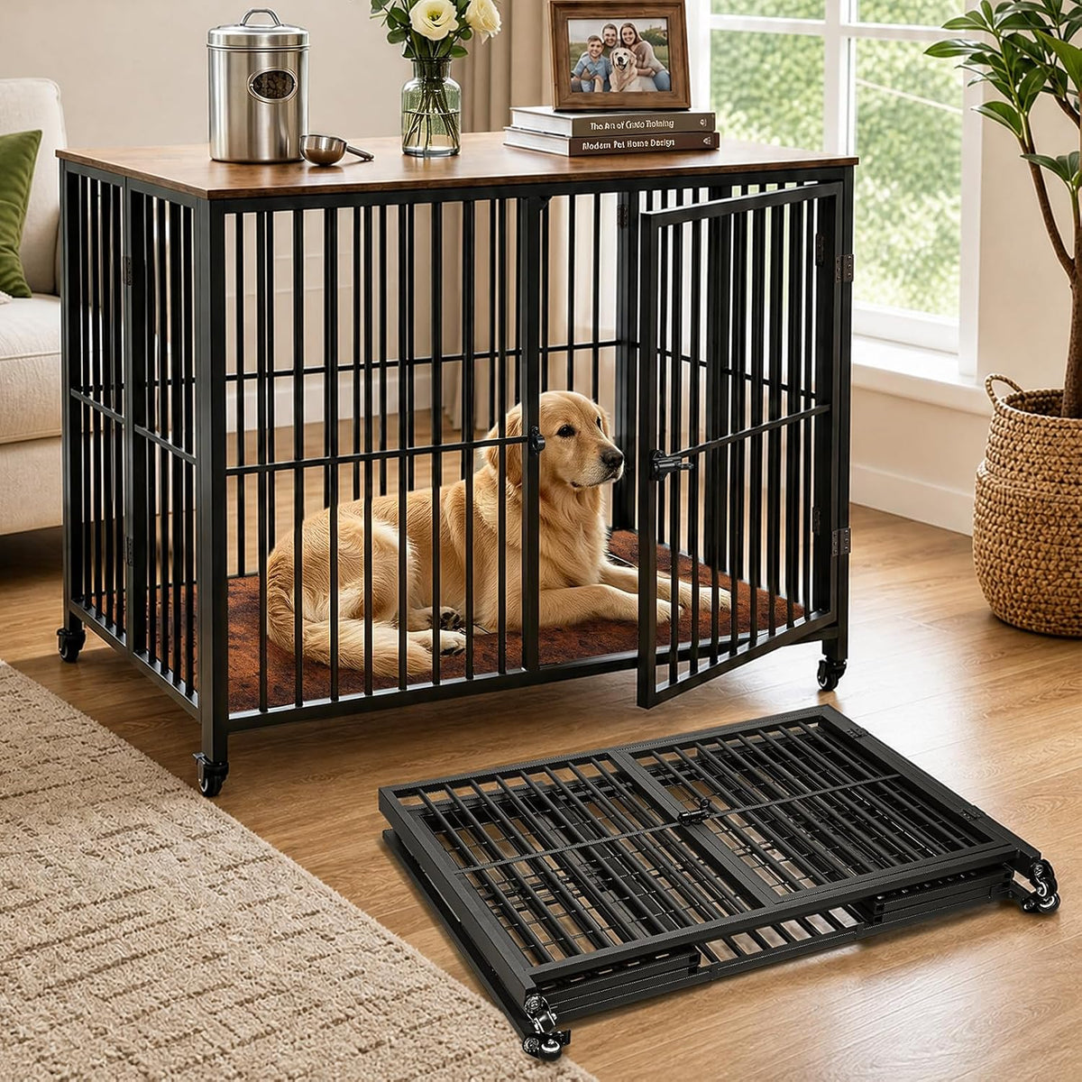 Foldable 42.3 inch dog crate furniture in a living room