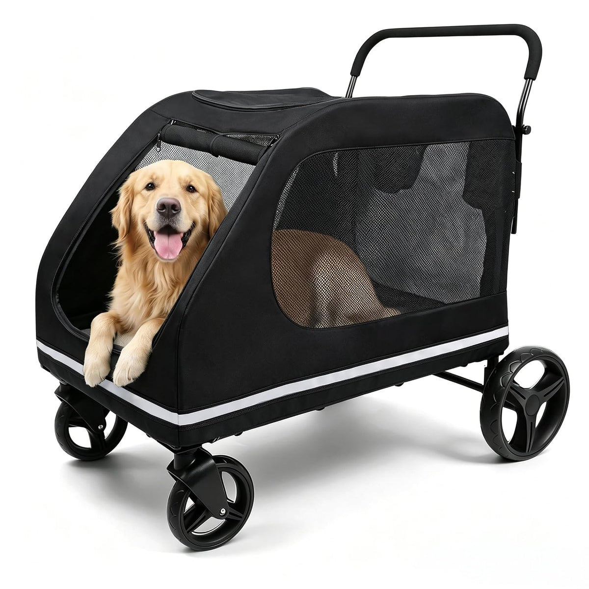 Black dog stroller wagon with mesh sides and three access doors – view 3
