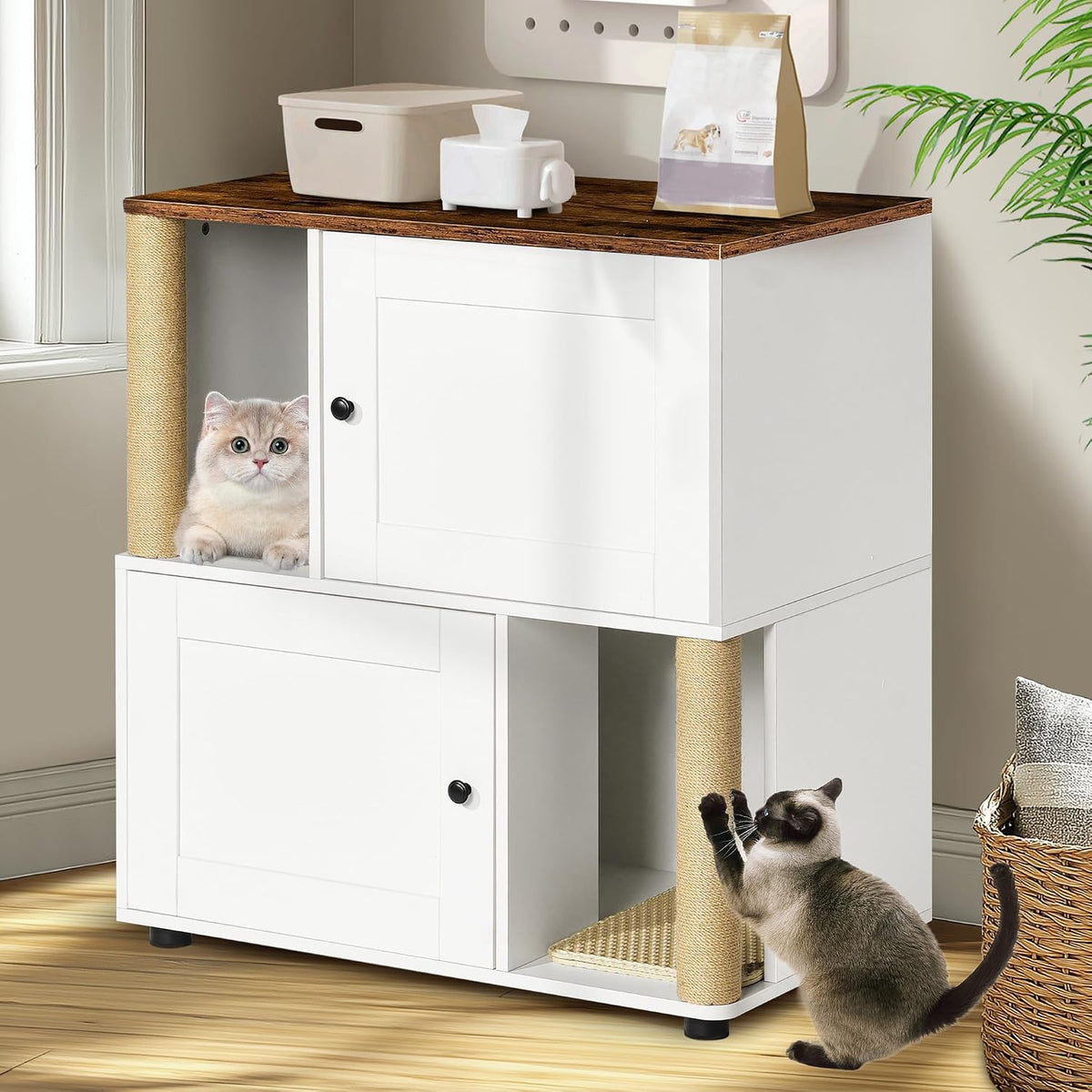 Decorative double litter box enclosure cabinet for two cats