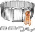Black 40 inch metal dog playpen with door set up in a backyard
