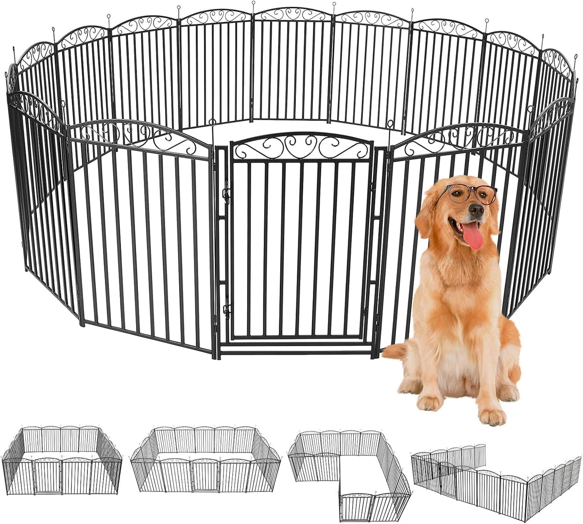 Black 40 inch metal dog playpen with door set up in a backyard