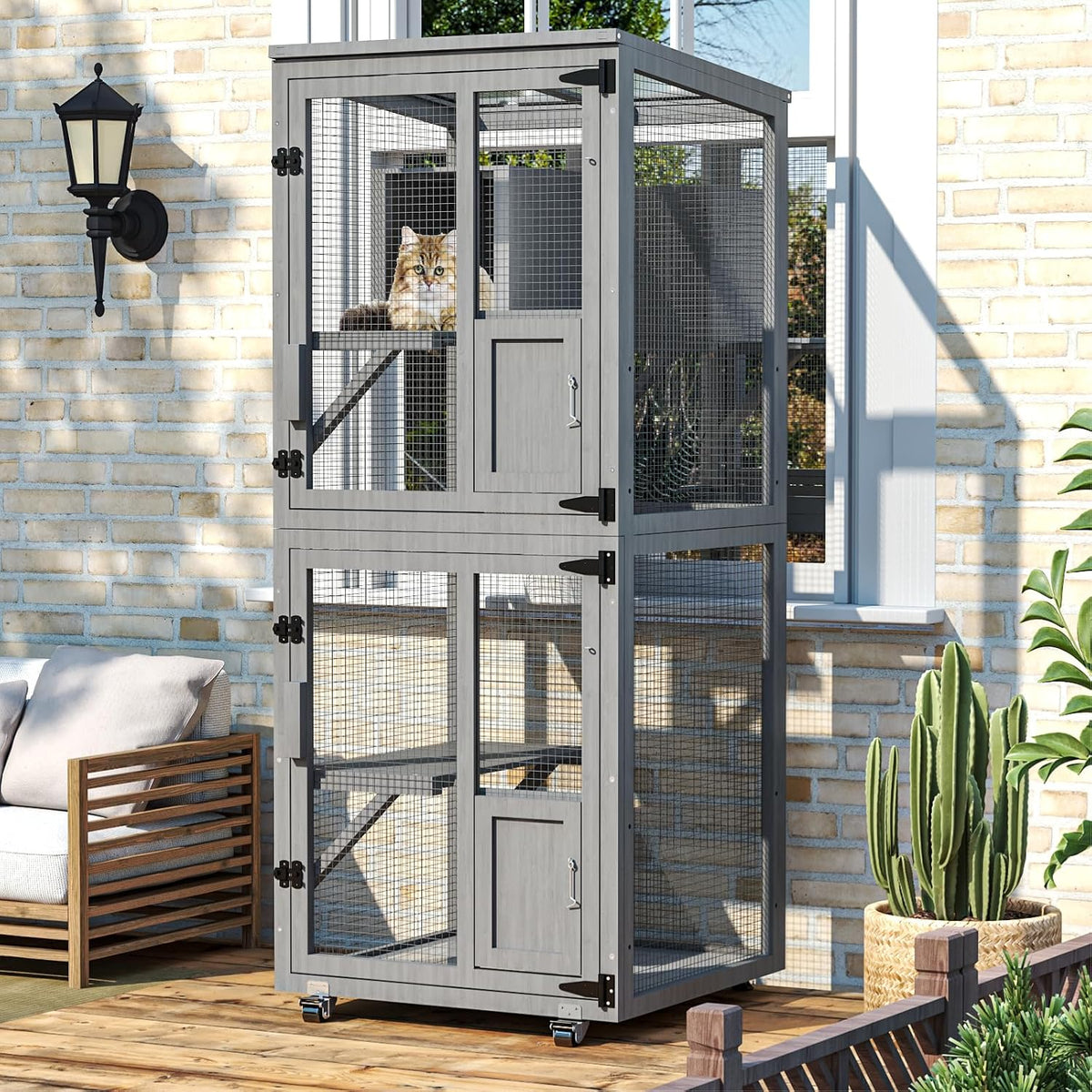 Grey four-tier wooden cat enclosure on wheels with window access