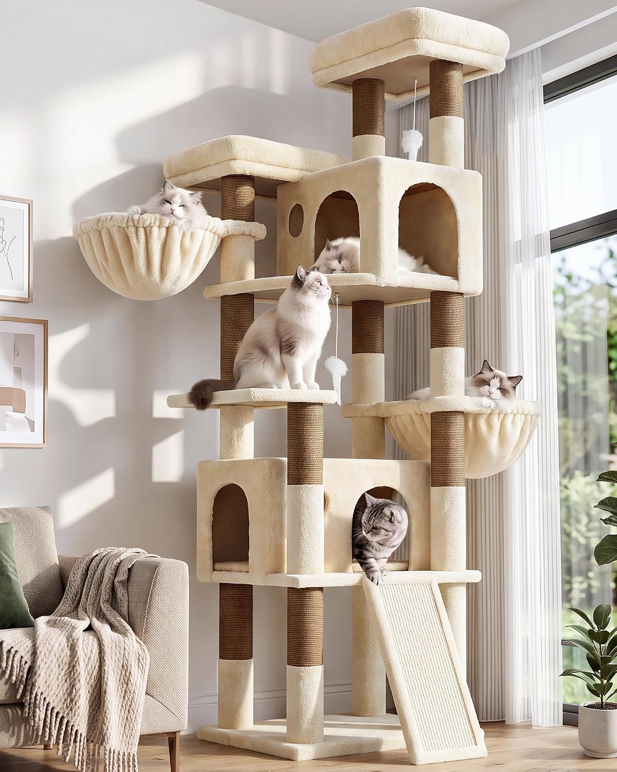 74 inch beige heavy duty cat tree with sisal posts, perches, baskets and condos