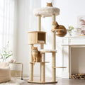 64-inch natural and white wooden cat tree with capsule perch and top bed