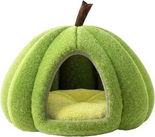 Enclosed Pumpkin-Shaped Cat Bed, 360-Degree Covered Cat Cave, Green, 19.6 x 19.6 x 15.7 Inches