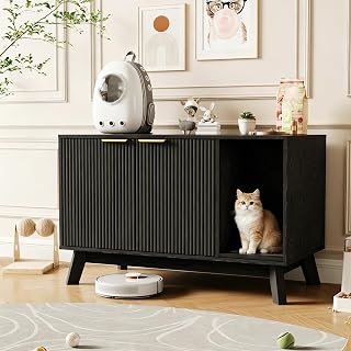 TrailBlaze Modern Hidden Cat Litter Box Enclosure, 39.4 Inch with Ventilated Holes, Litter Mat and Side End Table, Black