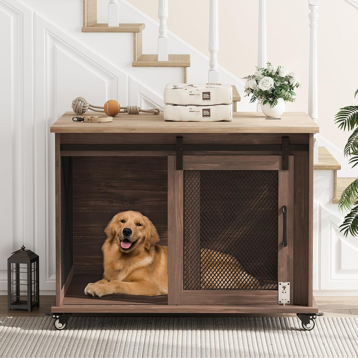 Farmhouse dog crate end table with light oak top, dark cabinet and sliding barn door