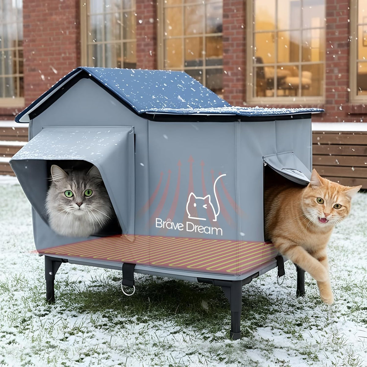 Insulated outdoor cat house with heating pad, raised base and two doorways