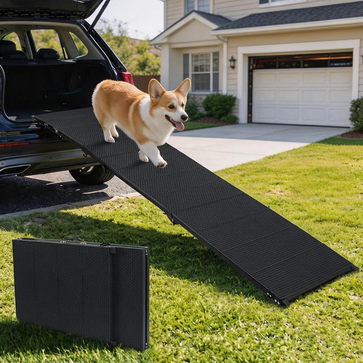 Black 91 inch foldable dog ramp leading into a pickup truck – view 2