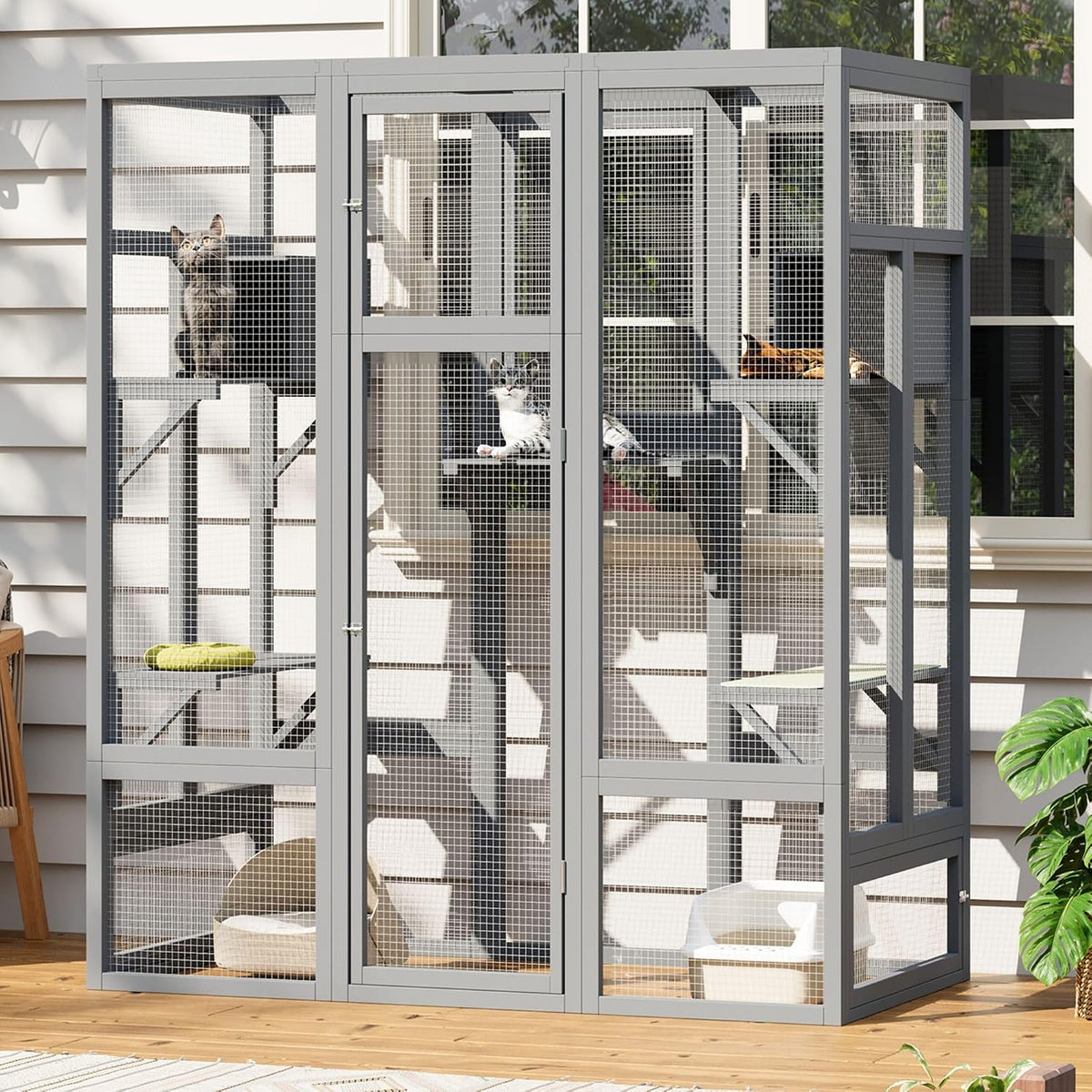 Grey 70 inch outdoor catio cat enclosure with platforms