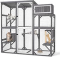 Wooden Catio Outdoor Cat Enclosure, Large Walk-In Cat House with 5 Platforms, Scratching Post, Resting Den and External