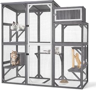 Wooden Catio Outdoor Cat Enclosure, Large Walk-In Cat House with 5 Platforms, Scratching Post, Resting Den and External