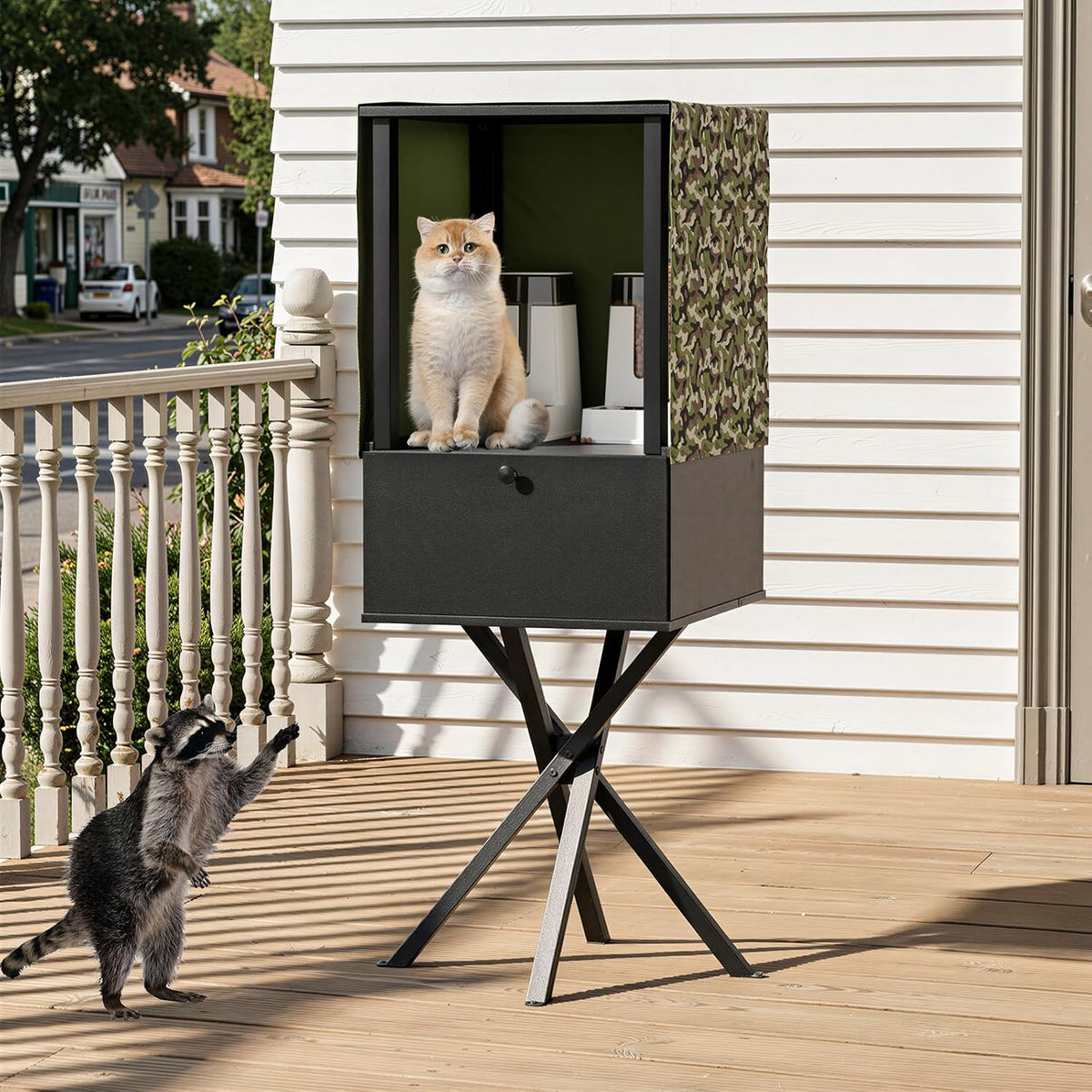 Outdoor cat feeding station with storage cabinet