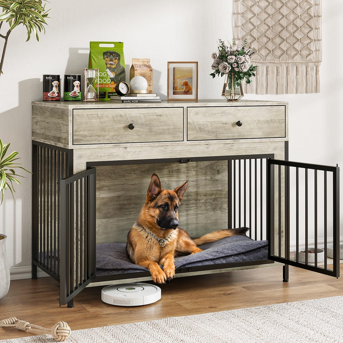Grey wooden dog crate end table with two storage drawers