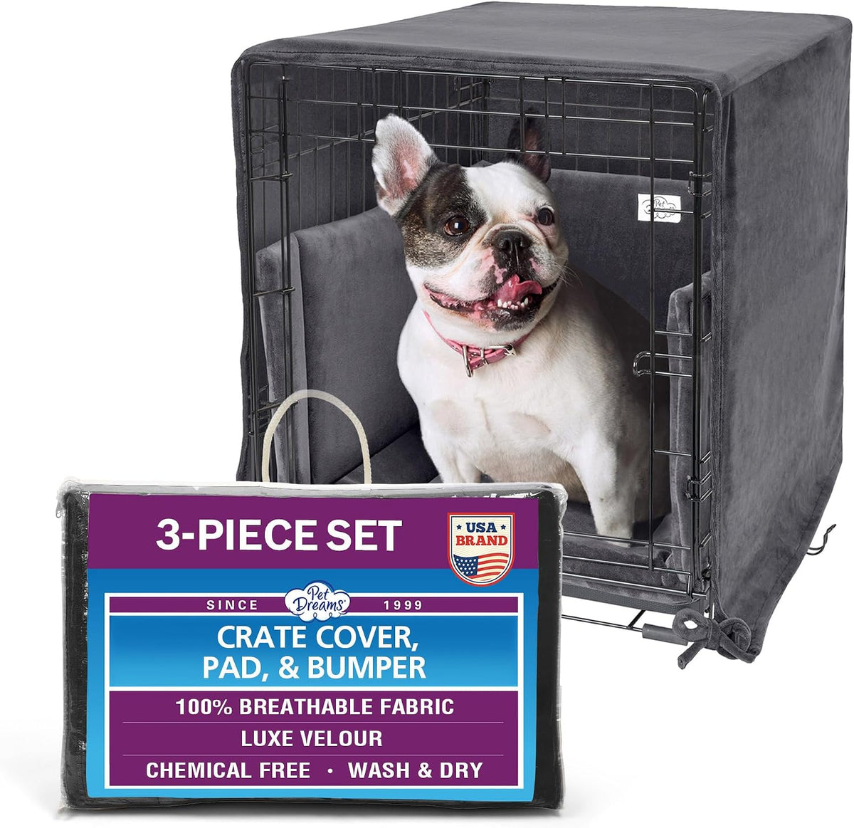 Grey 3-piece crate cover, mat and bumper pad on a 30 inch wire crate
