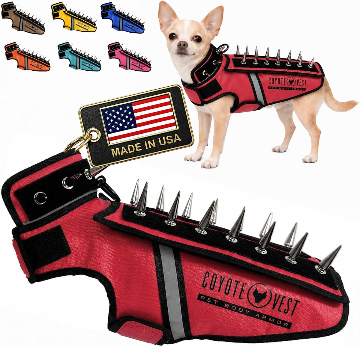 Fluorescent orange stab-resistant small dog harness vest with spike add-on – view 17