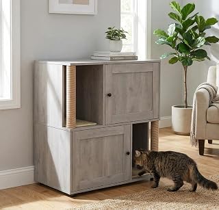 2 Tier Litter Box Enclosure Furniture for 2 Cats, Double Room with 2 Scratching Posts and Dual Litter Mats, Grey