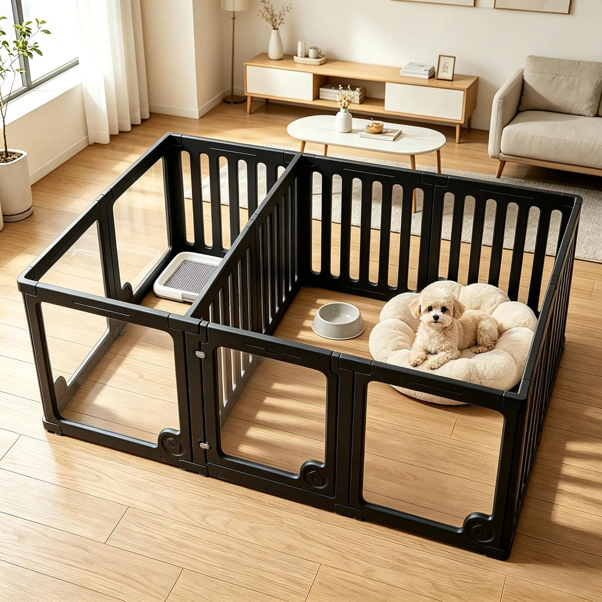 Clear acrylic 12-panel dog playpen with center divider forming two rooms – view 3