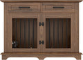 Brown wooden dog crate end table with two drawers and rotating bowls