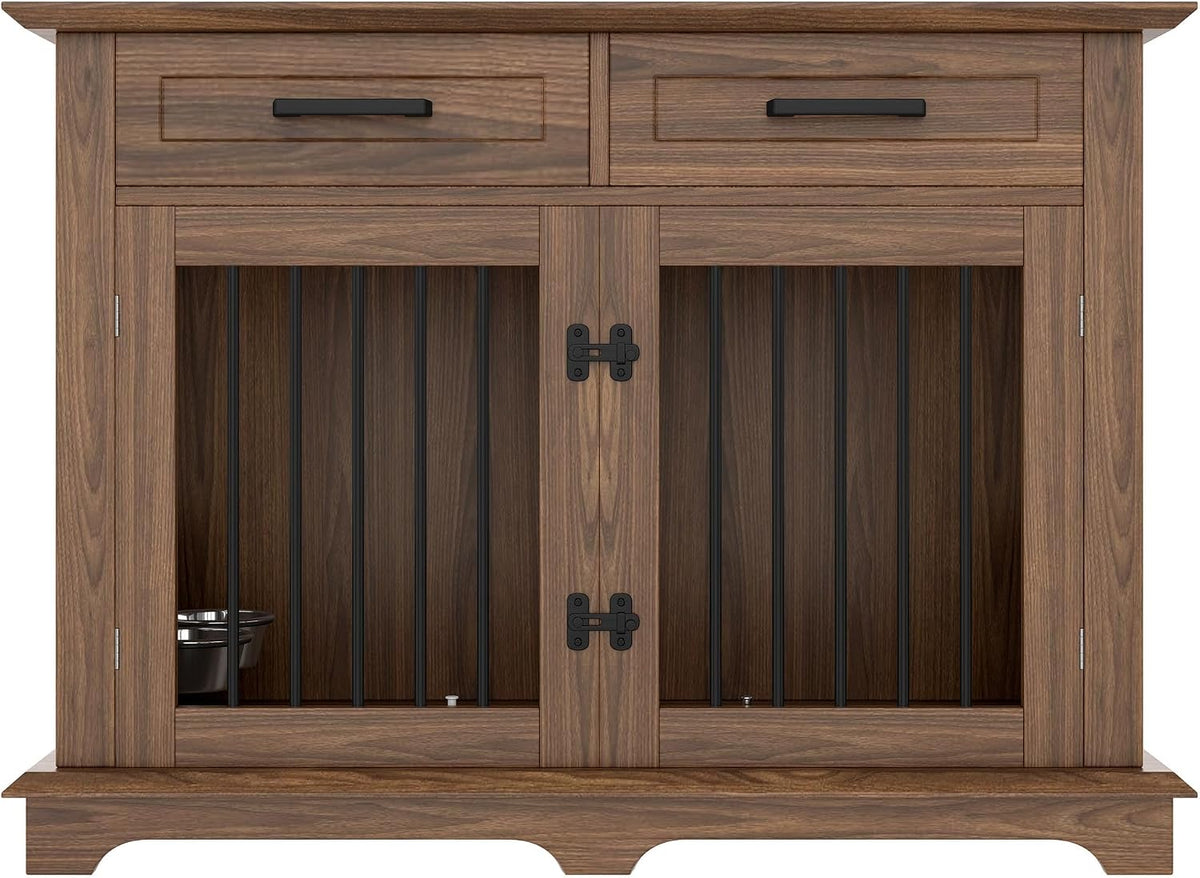 Brown wooden dog crate end table with two drawers and rotating bowls