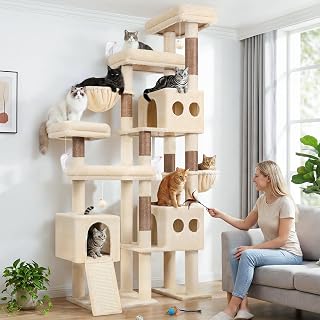 82 Inch Extra Large Heavy Duty Cat Tree for Big Cats and Maine Coons, 3 Condos, 2 Hammocks, S82D, Beige