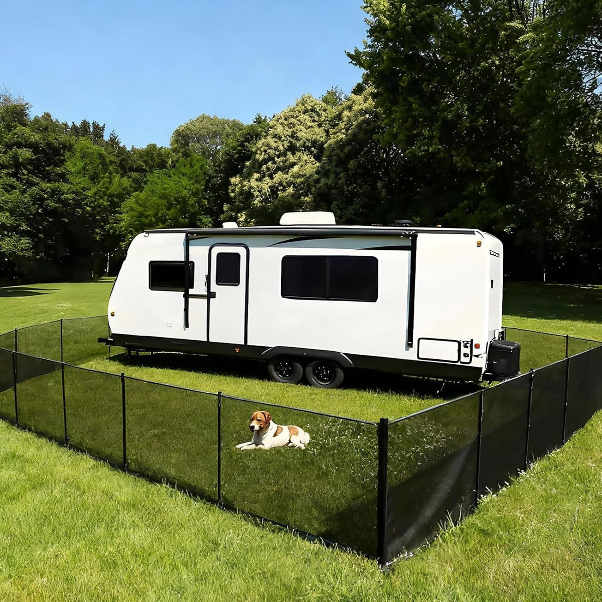 Portable mesh dog fence set up beside an RV at a campsite
