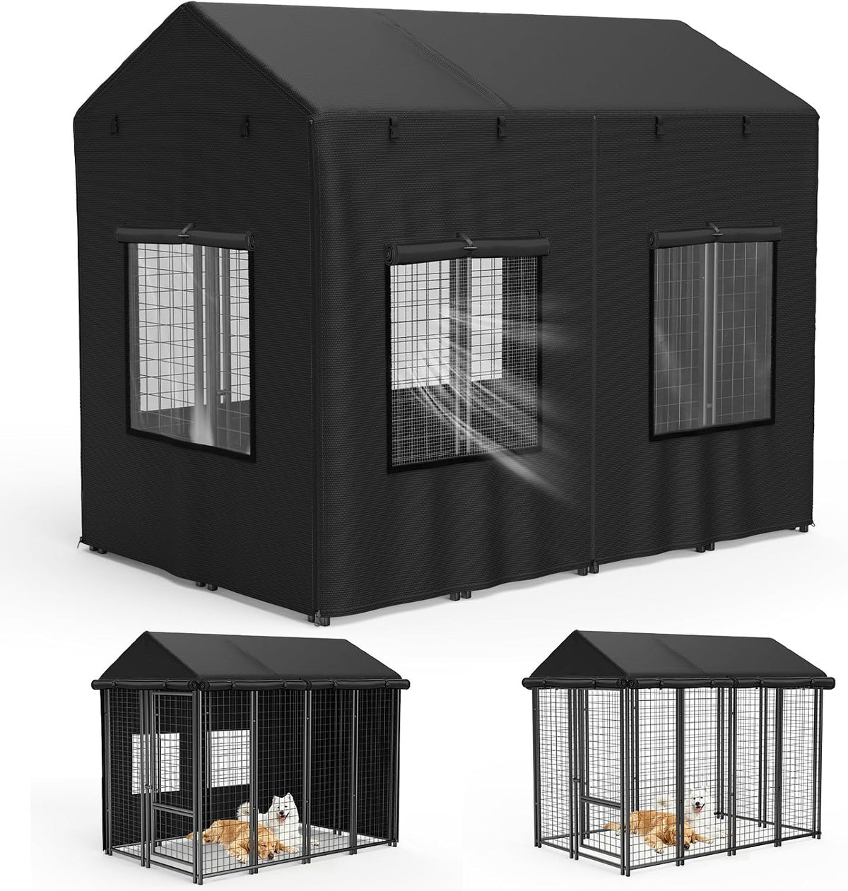 Black heavy duty cover fitted over an outdoor dog kennel – view 2