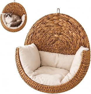 Handwoven Hanging Cat Bed, Elevated Cat Hammock with Cushion
