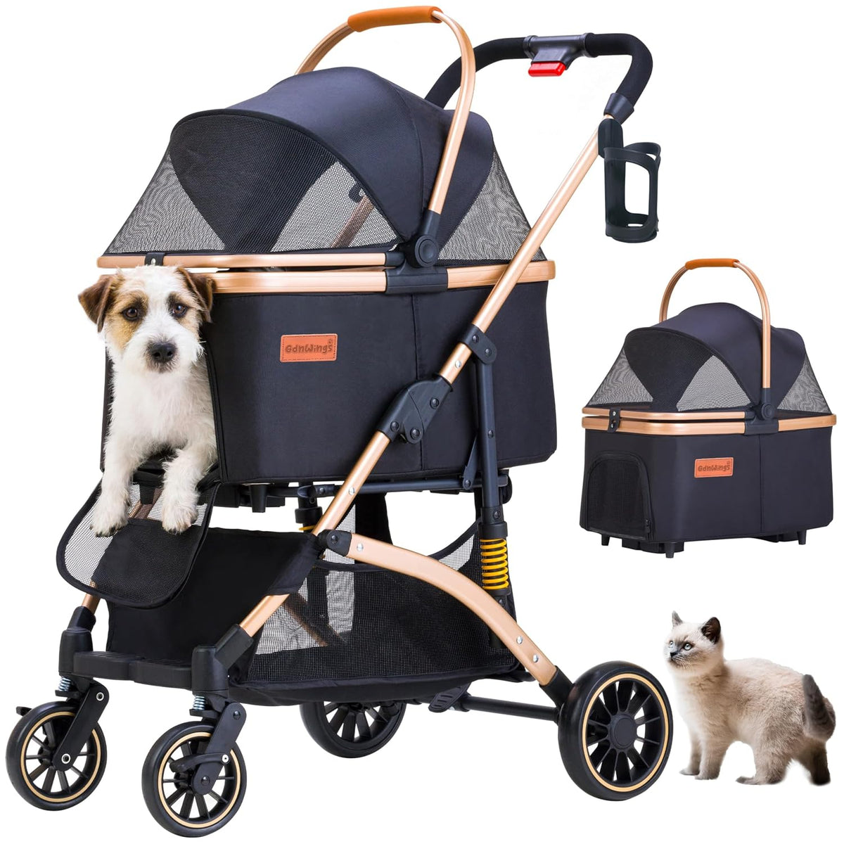 Black small pet stroller with detachable carrier