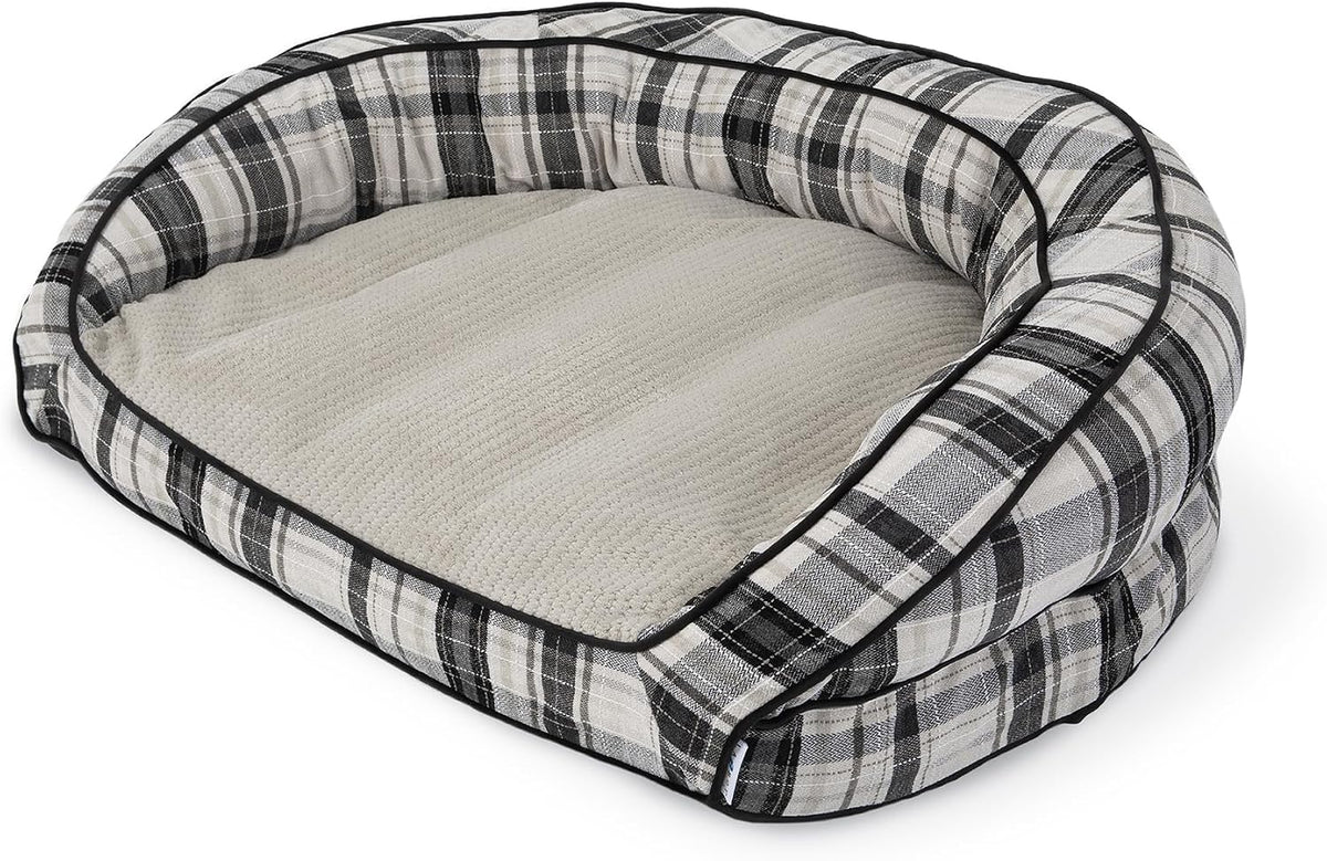 Oxford plaid sofa-style large dog bed with plush top