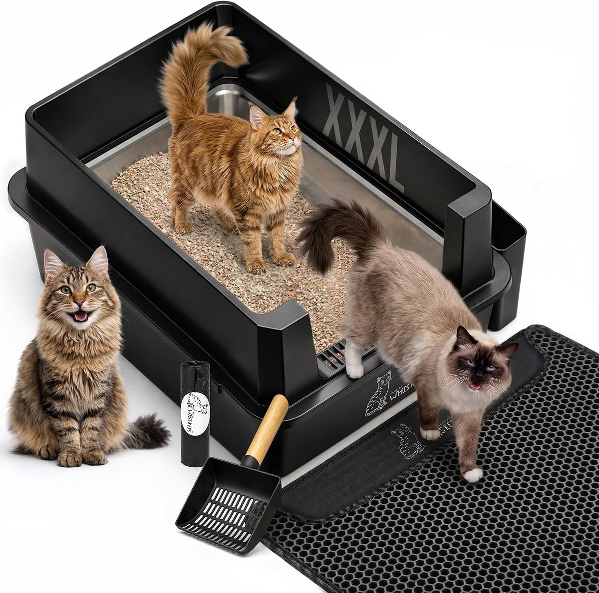 Black extra large stainless steel cat litter box with mat and scoop