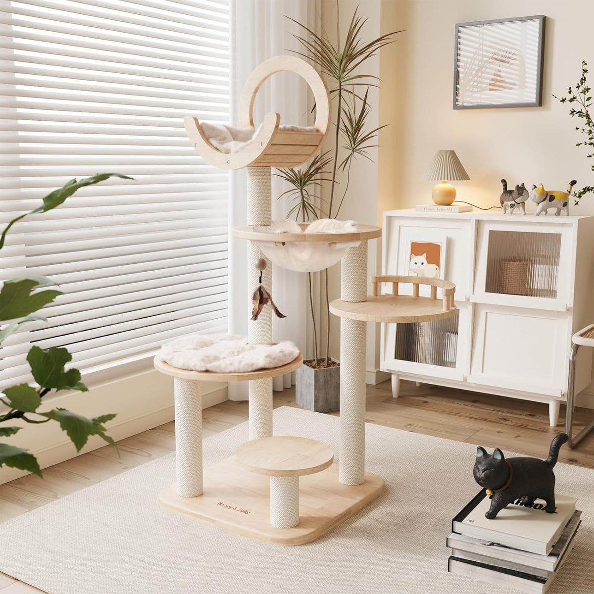 Solid wood building block cat tree with hammock and sisal posts