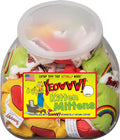 Jug of colorful mitten-shaped catnip toys