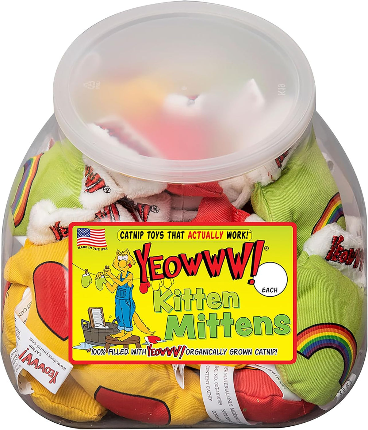 Jug of colorful mitten-shaped catnip toys