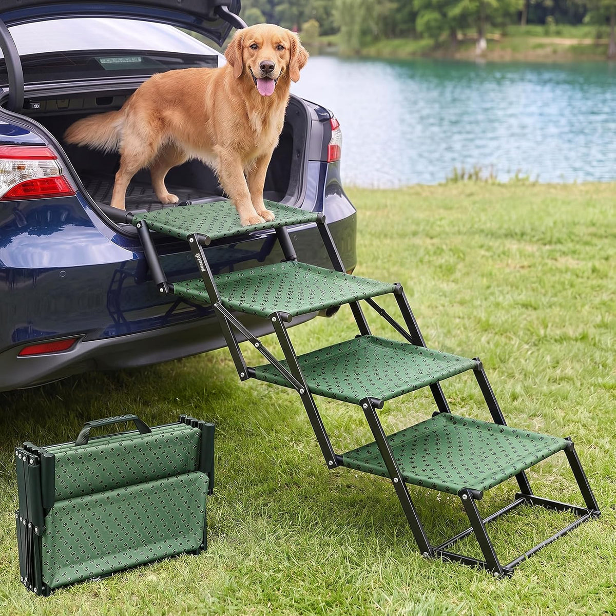 Black 4-step foldable dog stairs at a car trunk