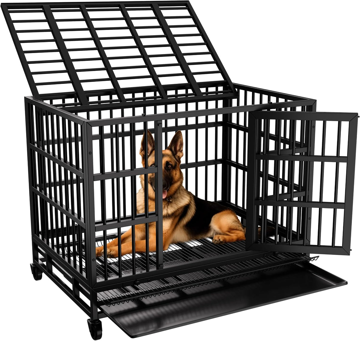 Heavy duty metal dog crate with double doors and wheels