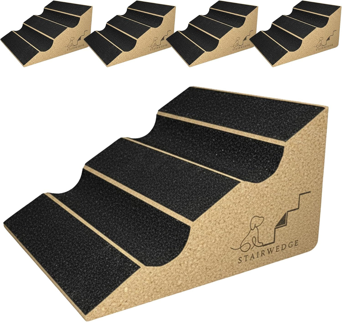 Cork and carpet stair ramp wedges placed on wooden steps