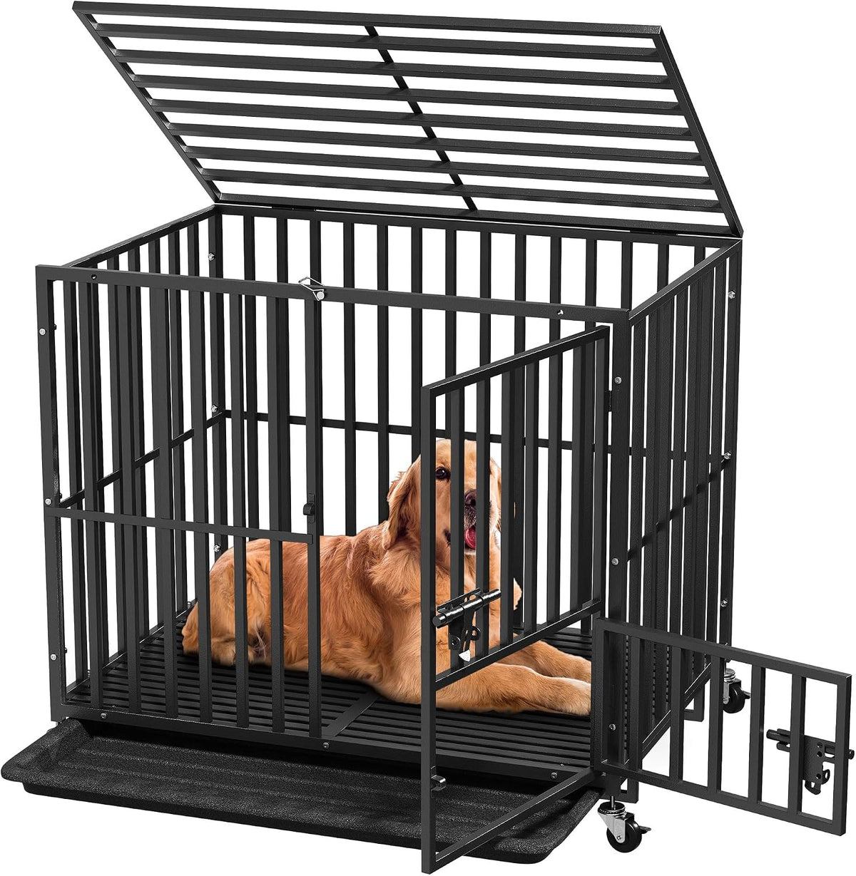 Black heavy duty square tube metal dog crate with three doors on wheels