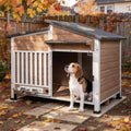 Wooden dog house with metal frame, slanted waterproof roof and door curtain – view 4