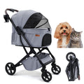 Dark grey folding pet stroller with mesh cabin and PU wheels