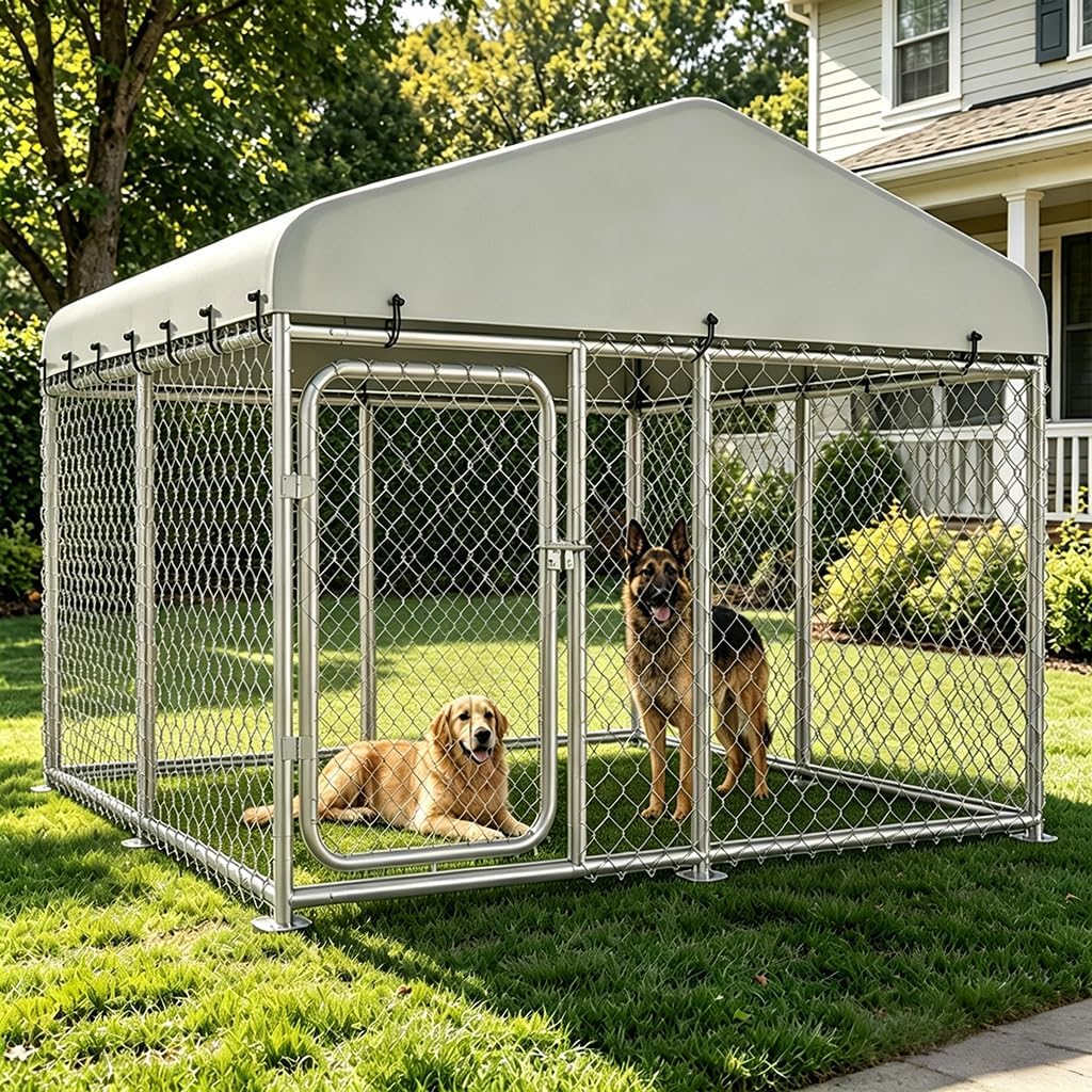 Silver galvanized metal dog kennel with fabric cover in a backyard