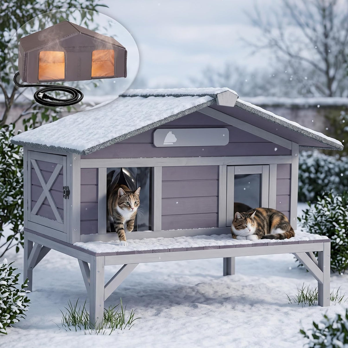 Gray porch-style heated outdoor cat house with balcony