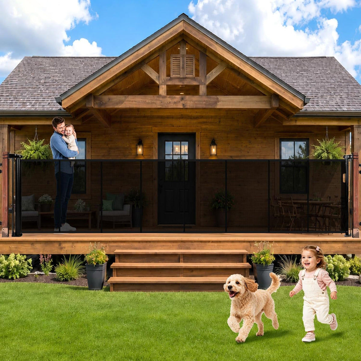 Black retractable mesh dog gate stretched across a wide doorway