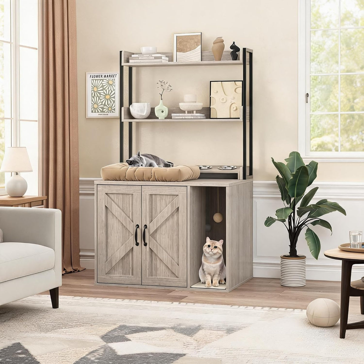 Farmhouse wooden litter box enclosure with storage shelves, feeding bowls and power outlet – view 2