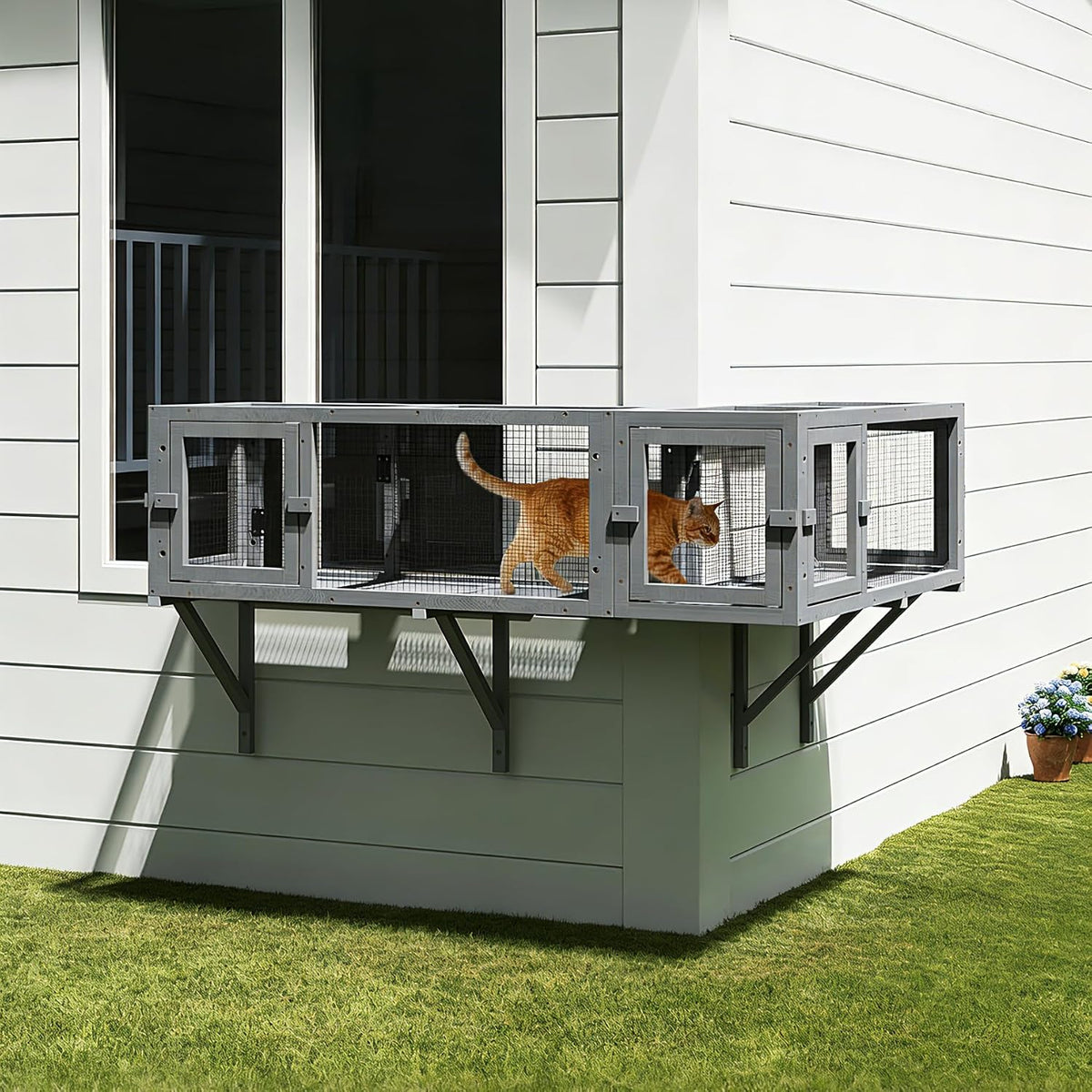 Two wall-mounted pine cat tunnels with mesh sides in an L shape – view 2