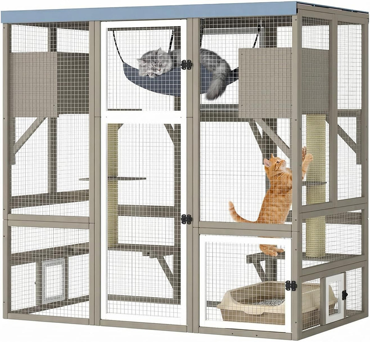 Multi-level wooden outdoor catio with platforms and resting nook – view 2